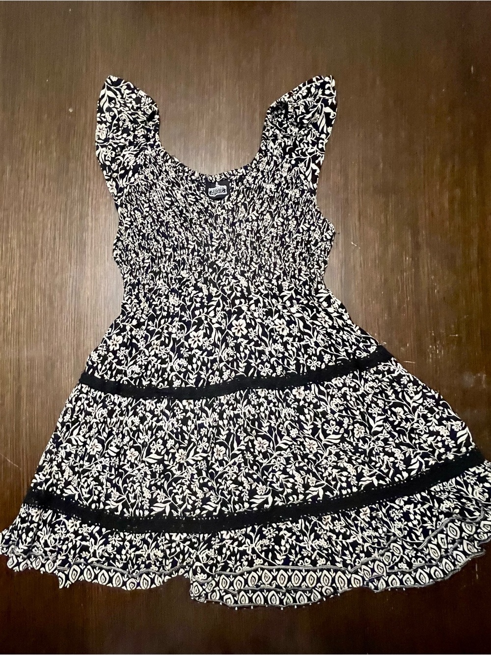 Angie Small Black & Cream Floral Smocked Babydoll Mini Dress Boho